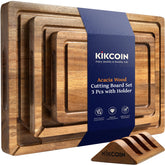 Kikcoin wood cutting board set in acacia with built-in handle for everyday prep.