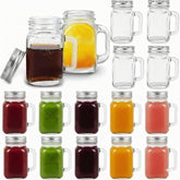 Kingrol mini mason jar shot glasses with lids and side handle for easy pouring.