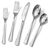 Kingstone hammered silverware 20-piece dining set shown with artisanal texture for elegant meals.