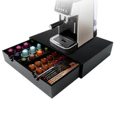 KISENG natural wood coffee pod organizer drawer on counter keeps pods neatly organized.