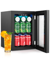 Kismile 18L beverage fridge with glass door for easy drink visibility and access.