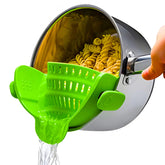 Kitchen Gizmo Snap N' Strain clips onto pots for hands-free draining.