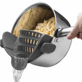 Kitchen Gizmo Snap N' Strain collapsible design shown saving cabinet space in small kitchen.