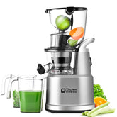 Kitchen in the Box cold press juicer with wide chute for whole fruits.