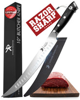 Kitchen Perfection 10” butcher knife blade close-up showing razor-sharp edge for clean cuts.