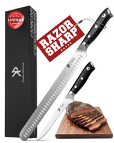 Kitchen Perfection brisket knife slicing with Granton edges for smooth, even cuts.