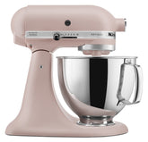 KitchenAid Artisan Tilt-Head Mixer in Feather Pink with pouring shield for mess-free pouring.