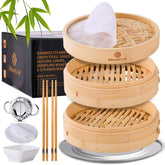 KitchenCrust 2-tier bamboo steamer ready to steam a complete meal