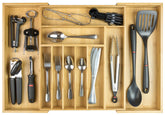 KitchenEdge premium bamboo organizer front view showing expandable storage for tight drawers.