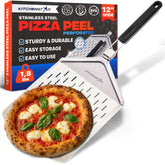 KitchenStar 12-inch perforated pizza peel with folding handle for easy, crispy-crust transfers.