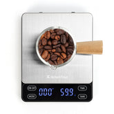KitchenTour Nano Coffee Scale front view showcases sleek stainless steel for precise brewing.