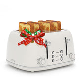 KITCHMIX 4 slice toaster front view with retro stainless finish and wide slots.