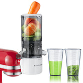 KITCHTREE juicer attachment with large feed chute for whole fruits.