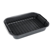 kitCom Bakeware roaster with rack elevates meat for fat drainage.