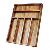 KITEISCAT Acacia wood silverware organizer showing six compartments for organized drawers.