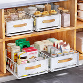 Kitstorack adhesive nano film secures organizer quickly for frameless cabinets.