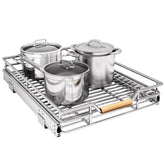 Kitstorack pull-out cabinet organizer front view shows optimized storage for pots and pans.