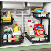 Kitstorack under-sink organizer 2-tier sliding drawer for easy access to tall bottles.