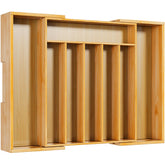 Kitsure bamboo silverware organizer in extended drawer view for clutter-free storage.