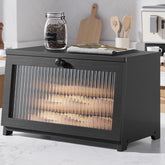 Kitsure bread box front view shows generous capacity on a stylish kitchen counter.