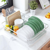 Kitsure dish drying rack on the counter, compact organizer for plates and bowls.