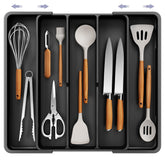 Kitsure expandable silverware organizer front view showing five compartments for easy access.