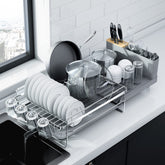 Kitsure extendable dish drying rack extended on counter, saving space and organizing dishes.