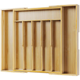 Kitsure expandable bamboo silverware organizer with deep compartments for easy utensil access.