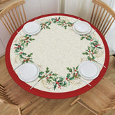 KiuLoam winter-green-leaf-red-tan round tablecloth adds festive style and surface protection.