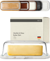 KIVY butter dish with white marble and glass lid keeps butter clean and ready for use.