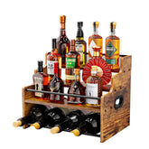 KLM 4-tier wood display shelf for organized liquor bottles on a compact countertop.