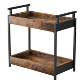 KLM countertop coffee station with two-tier wooden shelves for organized coffee area.