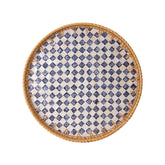 Kmelep round rattan tray with mother-of-pearl inlay for elegant table decor.