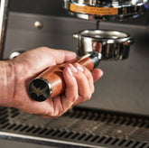 KNODOS 54mm bottomless portafilter with rosewood handle for real-time shot quality