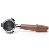 KNODOS 54mm bottomless portafilter with walnut handle for real-time extraction viewing