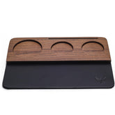 KNODOS 54mm tamping mat for Breville with walnut and leather keeps tools neatly organized.