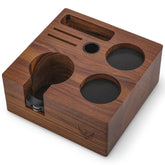 KNODOS 58mm Tamper Station walnut with dedicated tamper holder for quick tool access.