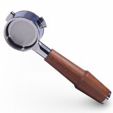 KNODOS bottomless portafilter with walnut body shows extraction clearly for precise tastings.