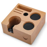 KNODOS tamping station with 54mm wood base keeps espresso tools neatly organized for Breville users