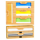 KOCWELL bamboo bag storage organizer with 2 wrap dispensers keeps wraps accessible in the drawer