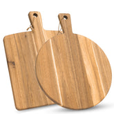 Kolwoven Acacia round cutting board with handle for easy serving.