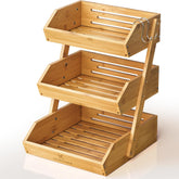 KOMFORA bamboo fruit basket 3-tier on countertop showing space-saving design.