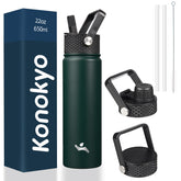 Konokyo 22oz bottle with three lids for versatile on-the-go hydration.