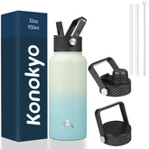 Konokyo 32oz insulated mint bottle with 3 lids for versatile hydration