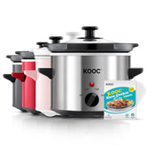 KOOC 2-Quart slow cooker front view in a compact kitchen setting.