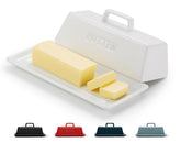 Kook butter dish with lid in white ceramic on counter keeps butter ready.