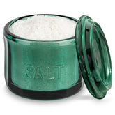KooK glass salt cellar with lid in emerald green for easy, fresh storage on the counter.