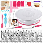 Kootek 230pcs cake decorating kit turntable enables smooth rotation for even frosting.