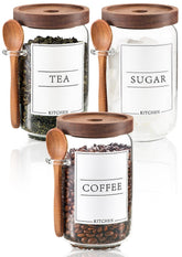 KOSKIMER coffee jar with acacia lid and scoop on a tidy kitchen counter.