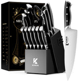 KOSROR ShadowCraft knife block set in an oak block for organized kitchen storage and easy access.